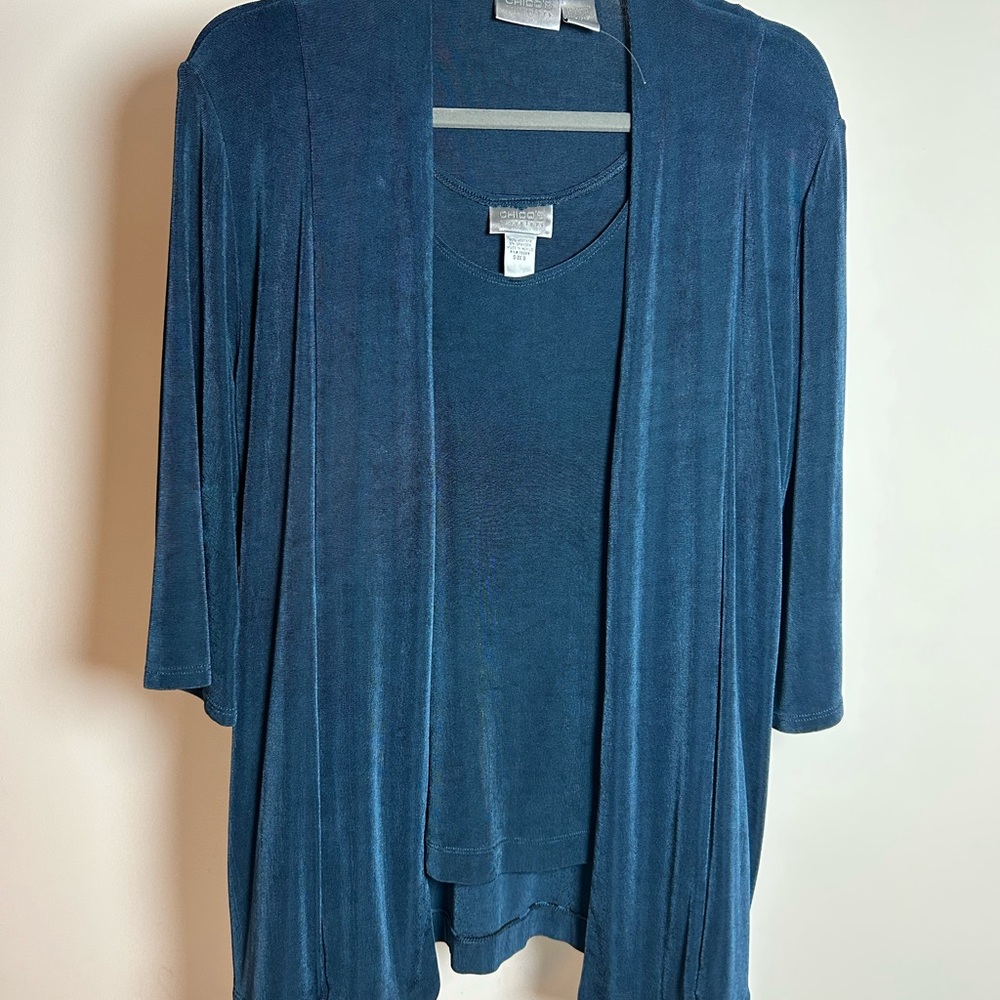 Blue 3/4 Sleeve Cardigan, Top, and‎ pants Set